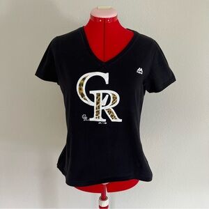 Majestic Colorado Rockies Black Short Sleeve Tee V-neck Medium